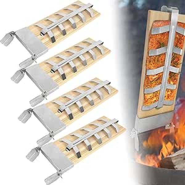 NAIZY Flame Salmon Board, 4 x Flame Salmon Boards ar nerūsējošā tērauda turētāju, Laša dēļi 5 līmeņi, Regulējams Liesmas Lasis Uguns traukam Grilēšanai, Āra grils, Ciedra koka dēlis, Krava