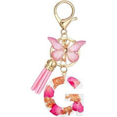 MWOOT Letter Keychain Initial Keyring Letter G, Alphabet Resin Flower Key Chain with Butterfly Tassel Pendant Handbag Purse Charm, Pink Petal Keyring for Women (G), multicoloured