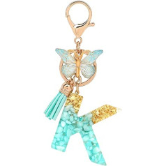 MWOOT Letter Keychains Initial Keyring Letter K, Alphabet Resin Key Chain with Butterfly Tassel Pendant Handbag Purse Charm, Green Gold Foil Keyring for Women Girls (K), multicoloured