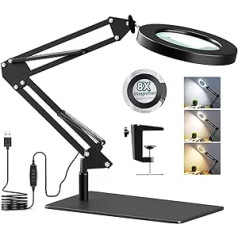GOI Magnifying Lamp with Table Base & Clamp, 8x Magnification, 3 Colour Modes, 10 Adjustable Brightnesses, 2-in-1 LED Magnifying Glass with Light and Stand, Adjustable Swivel Arm Lamp for Work,