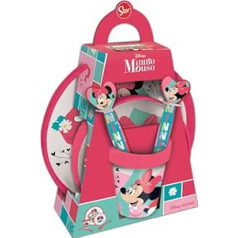 Disneja putras komplekts ar 5 rozā un baltiem plastmasas Minnie Mouse šķīvjiem galda piederumiem