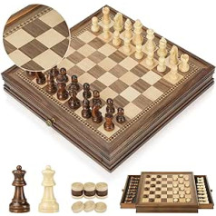 Peradix Chess Lady Game 2-in-1 Magnetic Chess Game Made of Walnut Wood 32 x 32 cm Chess Board with Storage Drawer and 2 Queen Pieces, Toy and Gift for Children