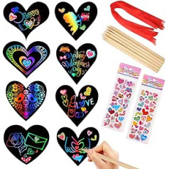 28 gab. Valentīndienas skrāpējamā papīra rotājumi sirds formas varavīksnes skrāpējumiem ar 28 gab. koka pildspalvām, 28 gab. lentēm un 2 3D pūšamām uzlīmēm Valentīna dienas DIY mākslas dekorācijām