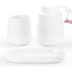 Mattschwarzes Badezimmer-Set, enthält einen 340 ml Seifenspender, einen 325 ml Mundbecher, 1 Seifenschale, geeignet für Waschmittel, Küche, WC (weißer Schaum)