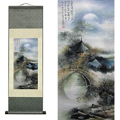 Valart Silk Painting Asian Wall Decoration Waterfall River Landscape Painting - Water Rural Beautiful Chinese Art Wall Roll Hanging Picture Roll Oriental Decor (93 x 30 cm)