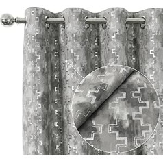 always4u Eyelet Curtains Printed Geometric Pattern 100% Blackout Velour Velvet for Living Room Drop Curtain Pair of Panels Silver, 46 x 54 cm