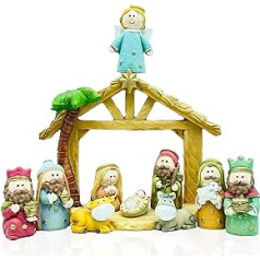 Gesar Christmas Nativity Scene with Ceramic Hut - Pack of 11 Nativity Scene with Ceramic Hut 6 cm - Colourful Birthday Figures - Modern and Elegant Nativity Scene