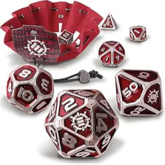 ENHANCE Metal Dice Set - 7 Polyhedral Dice with 2-in-1 Dice Case and Vegan Leather Dice Tray, Solid Metal Dice for Dungeon and Dragon RPG (Red Collector's Edition)