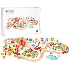 boppi Children's Railway 150 Pieces Wooden Railway Accessories with 2 Locomotives, 4 Wagons and 44 Rails Including Landscape. Toy for Children from 3 Years