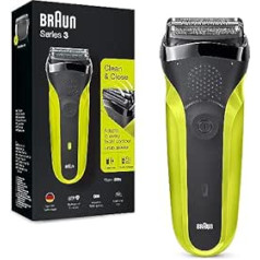 Braun Series 3 300S elektriskais skuveklis ar 3 elastīgiem asmeņiem, atkārtoti uzlādējams un bezvadu, elektriskais skuveklis ar mazgājamu plēvi, melns/elektriski zaļš (1 iepakojumā)