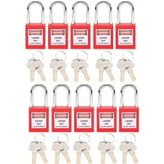 10 komplekti 38 mm Lockout Lock Lockout Tagout slēdzene ar atslēgām Putekļu necaurlaidīga neilona rūpnieciskās inženierijas izolācijas drošības rīks ķīmiskai enerģijai (sarkans)