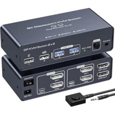 Vedindust DisplayPort KVM slēdzis Dual Monitor 8K60HZ 4K120HZ DP 1.4 KVM Switch 2 PC 2 Monitors Kopīgojiet 4 USB ierīces ar 2 USB3.0 uz USB-C kabeļiem un galddatora kontrolieri.