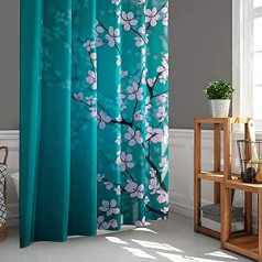 Ligicky Japanese Style Shower Curtain for Bathroom Durable Waterproof Fabric Shower Curtains for Home Decor 180 x 180 cm, Plum on Blue Background Set with Shower Curtain Rings