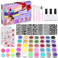 Yueonewin 492 Glitter Tattoo Set Meiteņu Pagaidu 41 Krāsas Mirdzošs pulveris 215 Rhinestones 204 Trafareti 24 Mirdzumu pulveris 3 Līme 5 Otas Ūdensizturīgi tetovējumi ballītēm