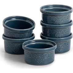 FE Ceramic Ramekins suflē bļodas mežģīņu reljefs Creme brulee bļodas 240 ml suflē, kūciņām un pudiņam, komplekts pa 6, zils