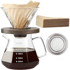 Lalord Pour Over kafijas automāts, 600 ml borosilikāta stikla krūzes komplekts ar V60 papīra filtru, 100 loksnes, riekstkoka rokturis, lietošanai mājās, kafejnīcā, restorānā un kempingā, 20 unces, 1 līdz 3 tases