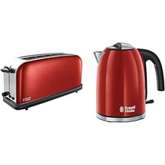 Russell Hobbs Colours+ Tosteris ar garu slotu, sarkanu, īpaši platu, 1 garu spraugu, 6 regulējami brūnināšanas līmeņi + atkausēšanas funkcija un tējkannas krāsas+ sarkana, 1,7 l, 2400 W, optimizēta snīpis