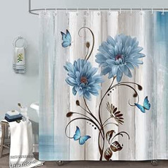 Bonhause dušas aizkari Rustic Daisy Blue Flower Farmhouse Koka dušas aizkari 180 x 180 cm Pretpelējuma ūdensizturīgs poliestera audums Mazgājams vannas istabas aizkars vannas istabai ar 12 āķiem