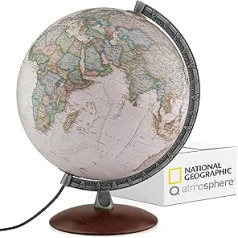 Q atmosfēra® National Geographic Verve Executive Antique Globe — 30 cm globuss ar politiski fizisko kartogrāfiju vācu valodā, apgaismots un ar rotējošu koka pamatni un metāla meridiānu