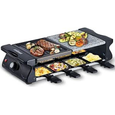 CUSIMAX Raclette grils 8 personām, akmens plāksne un grila plāksne, nepiedegošs pārklājums, Raclette 8 personas ar nelielu siera pannu iekštelpu grilēšanai, nepārtraukti regulējama temperatūra, 1200 W, melna