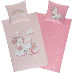 Aminata kids Unicorn gultas veļa 135 x 200 cm, 80 x 80 cm Meiteņu kokvilnas rozā ar YKK rāvējslēdzēju - Apgriežama bērnu gultas veļa - Apgriežams bērnu gultas veļas komplekts - Varavīksne, Roze - Vienradža motīvs, Zirgi