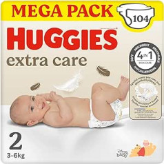 Huggies Extra Care Baby autiņbiksītes, 2. izmērs (3–6 kg) Iepakojumā 104 autiņbiksītes (Mega Pack)