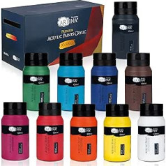 Artina komplekts ar 10 akrila krāsām 500 ml - Necaurspīdīga krāsošanas krāsa Ātri žūstoša krāsa krāsošanai 10 x 500 ml Professional Acrylic Artist Paint Set Basic Colors Tubes Ūdensizturīga, augsta pigmentācija un