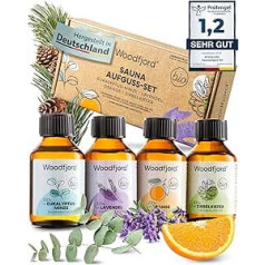 WOODFJORD Organic Classic saunas uzlējumu komplekts, 4 dažādi pirts aromāti un eļļas, katrs 100 ml, Premium saunas infūzijas komplekts autentiskām pirts pieredzēm, Perfect Sauna aromātu degustācijas komplekts