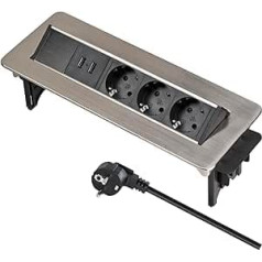 Brennenstuhl galdā iebūvēts barošanas USB lādētājs, rakstāmgalda strāvas sloksne / 3 iegremdējamas ligzdas (2 USB uzlādes ligzdas, 2 m kabelis) Sudraba/melna