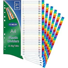 COSHEHKG 6 x Aktenregister A4, 31 Fächer, Trennblätter, Kunststoff, mehrere Farben, 1–31 Ordner-Tabs, sortiert für Büro, Schule