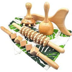 5-in-1 Wooden Massage Set, Massage Roller, Massage Tool, Massage Set, Anti Cellulite Massager for Maderotherapy, Massage Wood for Legs, Arms, Back, Feet, with Cotton Bag Thermikoa