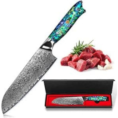 BILLION DUO Damaskas nazis Santoku nazis 67 slāņu Damaskas tērauda šefpavāra nazis, asmens garums 18 cm, profesionāls šefpavāra nazis Damaskas virtuves nazis ar sveķu rokturi ar perlamutra šķīvjiem