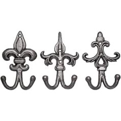 Comfify Set of 3 - Cast Iron Fleur De Lis Double Wall Hooks / Lily Hanging - Decorative Wall Hook - Rustic Cast Iron - with Screws and Dowels