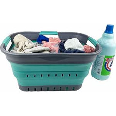 SAMMART Foldable Super Mini Plastic Laundry Basket with 3 Handles, 19L Foldable Pop Up Storage Bins Organizer Space Saving Laundry Basket (Grey/Turquoise Blue)