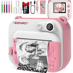 Gofunly Children's Camera, Digital Camera, Instant Camera, Children's 2.0 Inch Screen, 1080P Video Camera, Black and White Photo Camera, 32GB SD Card, 3 Rolls of Printing Paper, 5 Colouring Pencils, Gift for 3-12 Years