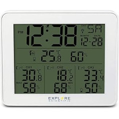 Explore Scientific WSH4003 Wireless Weather Station with Alarm, Blue Backlit Display with Temperature/Humidity In/Ext, Historical Data Memory, 3 Sensors Included, White