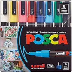 Posca uni-ball 186508 - Posca marķieris ar smalku ložu galu, 8 komplekts, pamatkrāsas