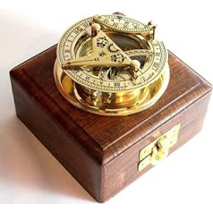 Nautical Replica Hub Brass Sundial Compass Solid Brass Pocket Sundial - West London with Wooden Box