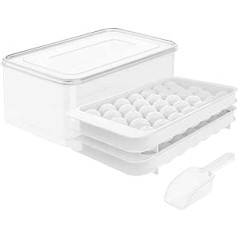 Wibimen Round Ice Cube Tray with Lid, Ice Ball Mold for Freezer with Container, Mini Circle Ice Cube Tray, 66 Pieces, Ice Cooler, Cocktail, Coffee (2 White Trays, 1 Ice Bucket and Scoop)