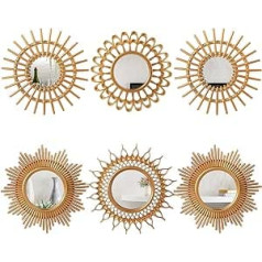 Namalu Pack of 6 Gold Mirrors for Wall Decoration, Small Circle Shaped Sun Mirrors, Espejos, Decorative Golden Wall Art, Entrance Mirror for Hanging, Round Mirror for Wall, Bathroom, Boho Decoration
