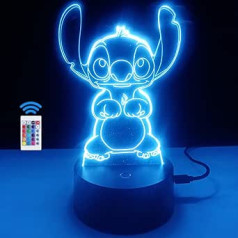 famvacor Night Light 3D Bedside Lamp Children's LED Optical Illusion with Stitch Figure Gift for Children (16 Colours Stitch)