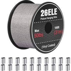 26ELE Picture Hanging Wire 50LB Heavy Duty Stainless Steel Wire Rope for Hanging Picture Frames, Mirrors and Wall Art, Strong Metal Wire 30M with 20 Aluminum Crimping Sleeves