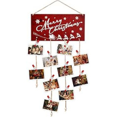 Weihnachtskartenhalter aus Holz Frohe Weihnachten Wandbehang Bilderhalter mit 30 Schneeflocke Holzclips Bildhalter für Xmas Grußkarte Display für Weihnachten Home Party Wanddekoration (Rot)