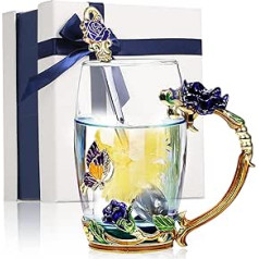 Decdeal Flower Tea Mug Enamel Handmade Glass Coffee Mugs Lead Free with Spoon Cleaning Cloth Gift Box Personalized Gift for Women Mom Teacher Blue 350ML