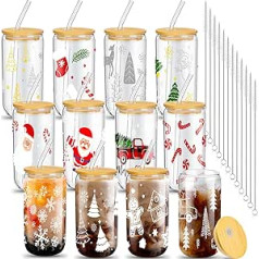 Umigy 12 Stück Weihnachtsglasbecher, 473 ml, Weihnachts-Einmachgläser mit Deckel und Strohhalmen, Weihnachtsbecher, Trinkgläser, Bierdosen-Form, Kaffeetassen, Weihnachtsmuster für Wein,