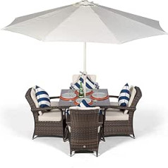 Arizona Rattan Garden Furniture 4 Seater Square Glass Top Table Dining Set with Free Parasol with Base, Dust, Cushion & 1 Year Warranty