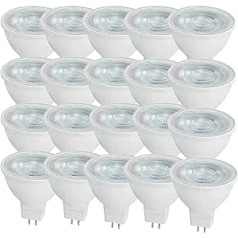 OUGEER komplektā ir 20 MR16 LED spuldzes, 5 W LED GU5.3, līdzvērtīgs 50 W MR16 halogēna spuldzei, vēsi balts, 6000 K MR16 LED prožektors, GU5.3, 500 lūmeni, bez aptumšošanas, AC/DC 12 V