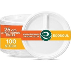 ECO SOUL Pearl White 25 cm apaļas bagass papīra šķīvji ar 3 nodalījumiem (iepakojumā 100), vienreizlietojamie trauki un 100% kompostējami, videi draudzīgi ballīšu trauki, izturīgi kempinga trauki,