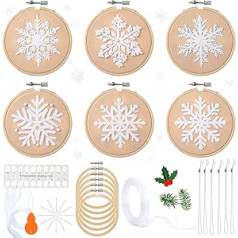 6 Sets Winter Embroidery Set for Beginners Snowflakes Christmas Cross Kits DIY Needlepoint Set with Patterns, Instructions, Embroidery Hoops, Threads, Needle Thread, Ropes and Ribbon