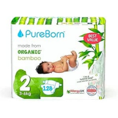 PureBorn Eco Bio-Bambus Windeln, Größe 2 (3-6 kg), 128 Stück, Umweltfreundlich, Hypoallergen, Ultraweich, mit Nässeindikator, Diverser Aufdruck